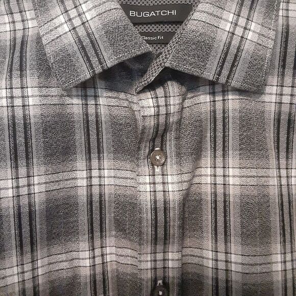 Bugatchi Classic Fit Adult Mens L Gray Plaid Long Sleeve Button Up Shirt - Picture 2 of 7